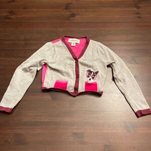 Lands’ End Girls Cropped Gray Pink Cardigan Sweater Dog Glasses Size Medium 5-6